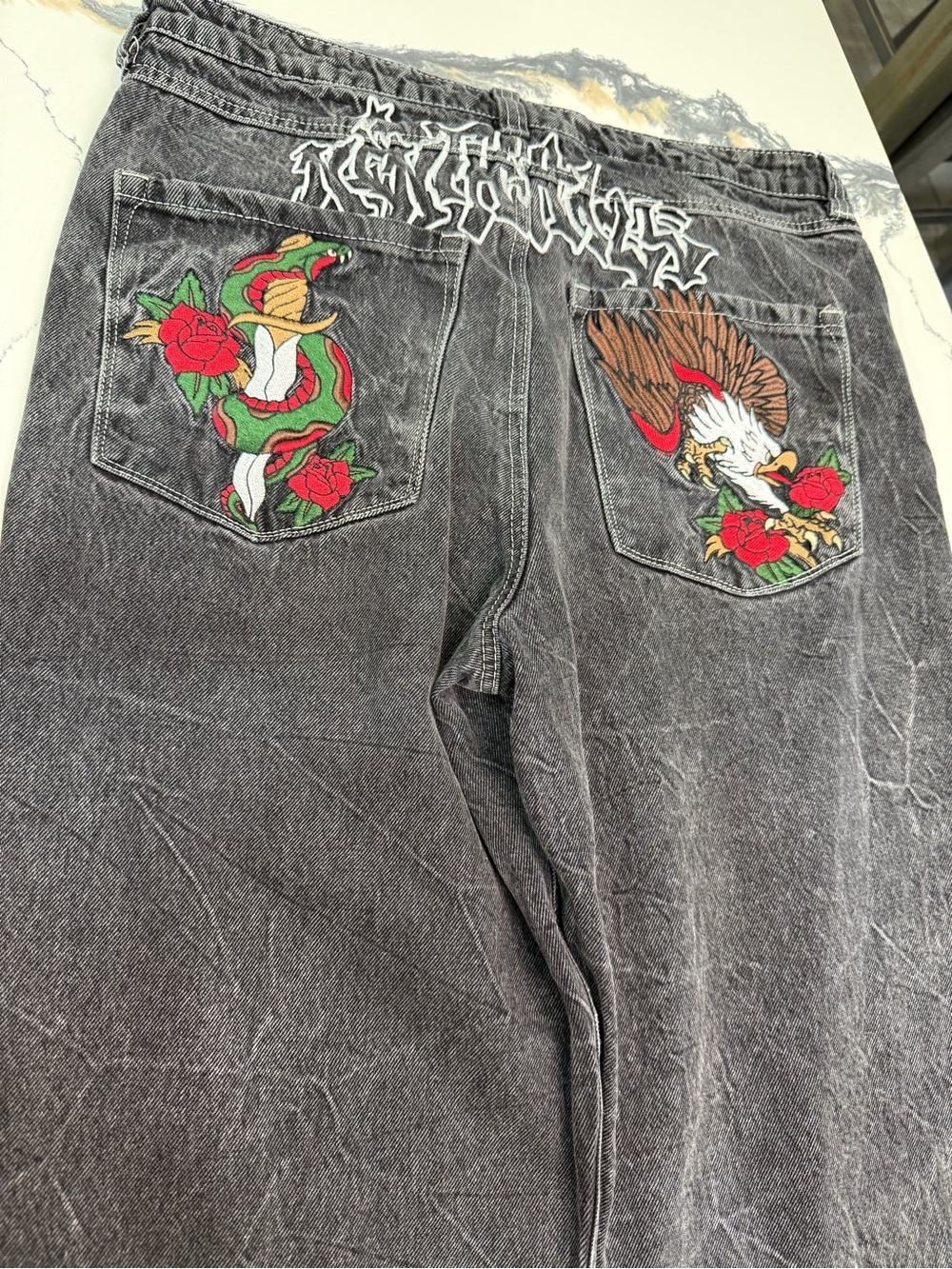 NINTH HALL AMBUSH Jeans Mens 34 Eagle Snake Embroidered Baggy Wide Leg VTG Y2K